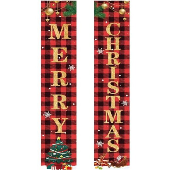 Christmas Banner Decor Porch Sign,  Porch Banner Happy New Year Plaid Signs - Picture 1 of 5